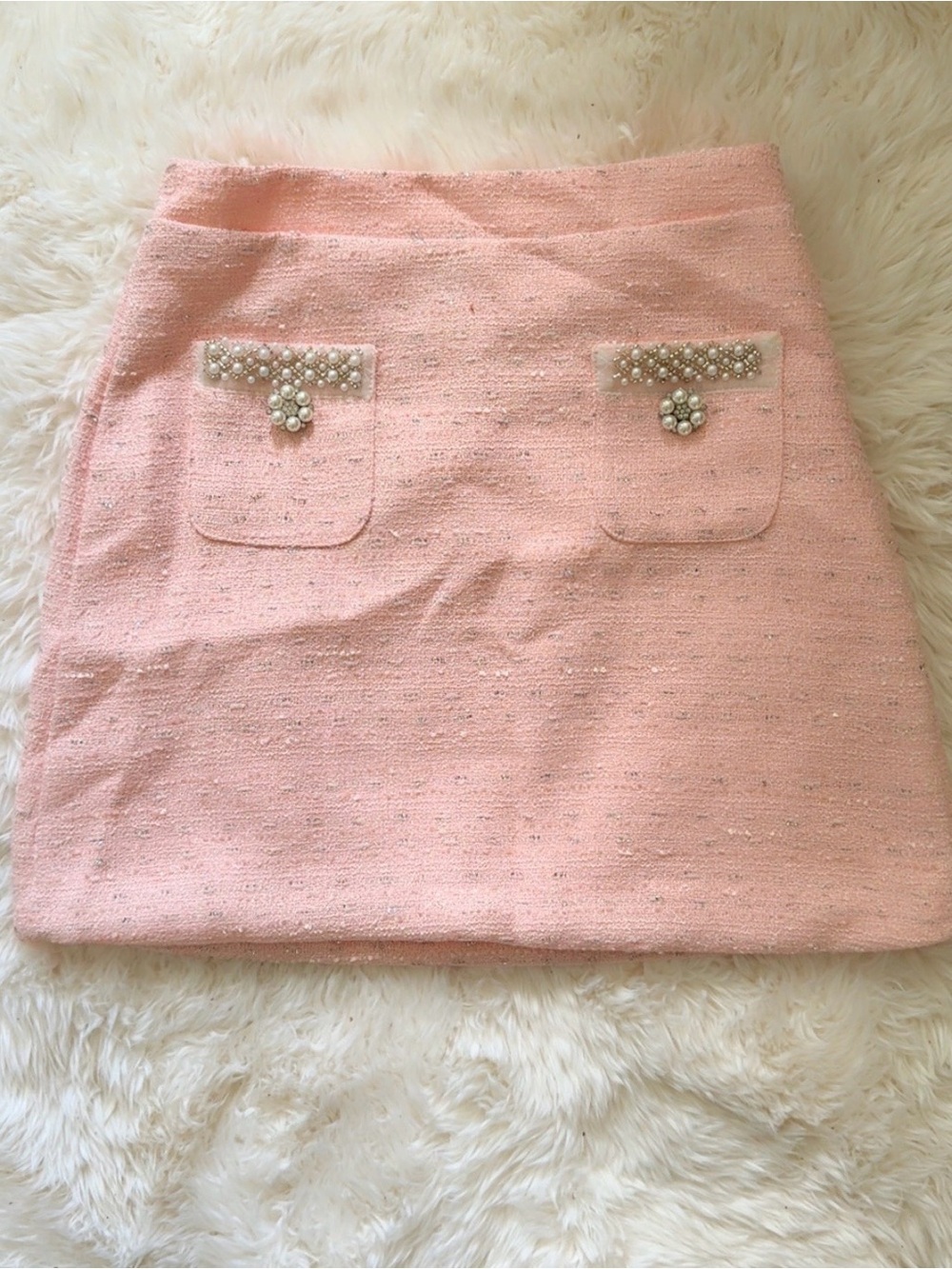 Pink Tweed Mini Skirt with Pearl Accent